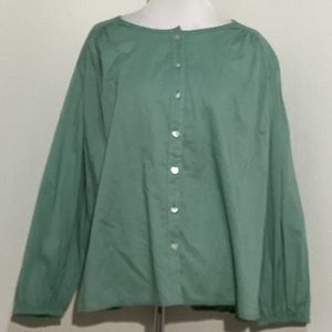A New Day Women's Green Button-Down Blouse Scooped Neck Long Sleeves